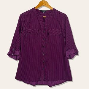 Vintage Striped Flowy Roll Tab 3/4 Sleeve Lightweight Button Up Blouse Purple S